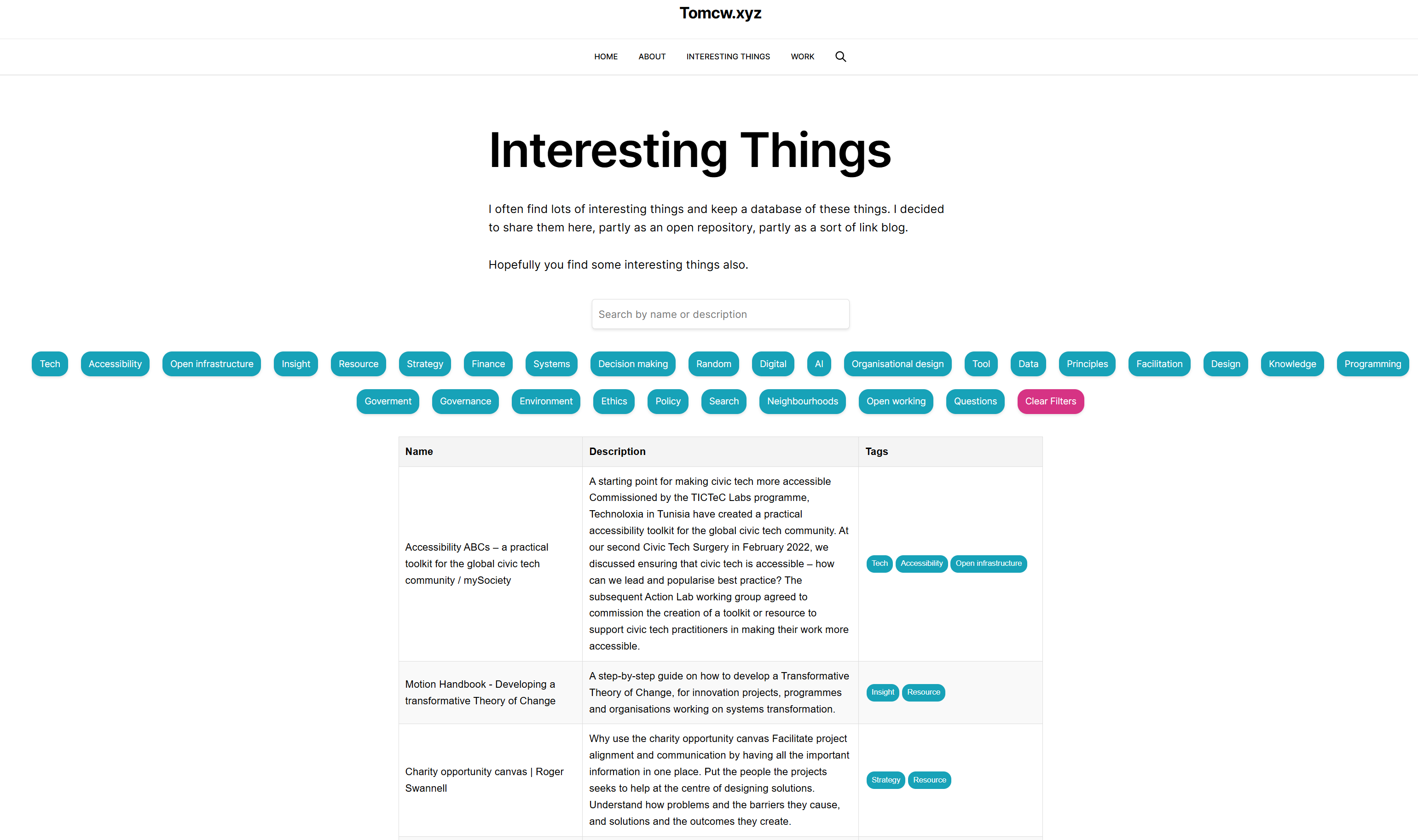 It shows a page with Interesting things in a table with tags